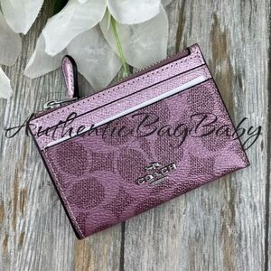 Coach Mini Skinny Keychain Id Case In Signature Canvas & Pink Metallic Wallet